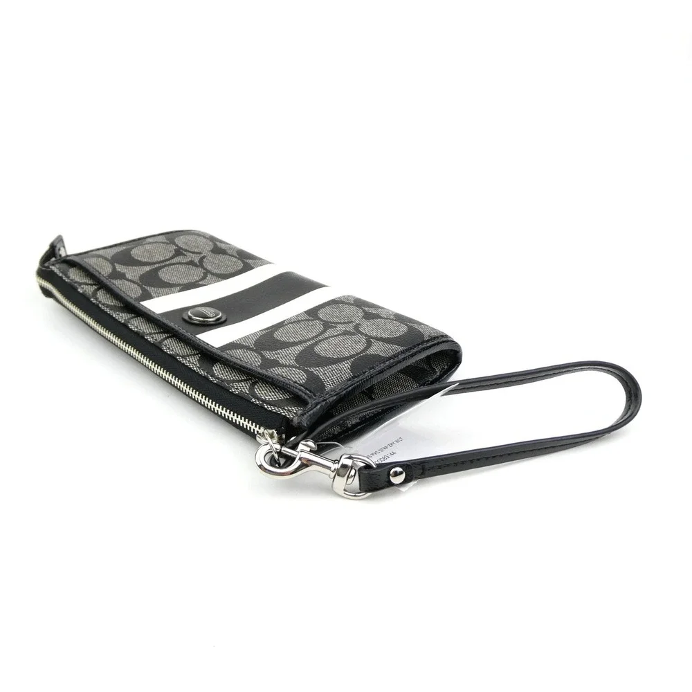 Coach Zippy Signature Stripe Black White PVC Wallet Wristlet F49078
